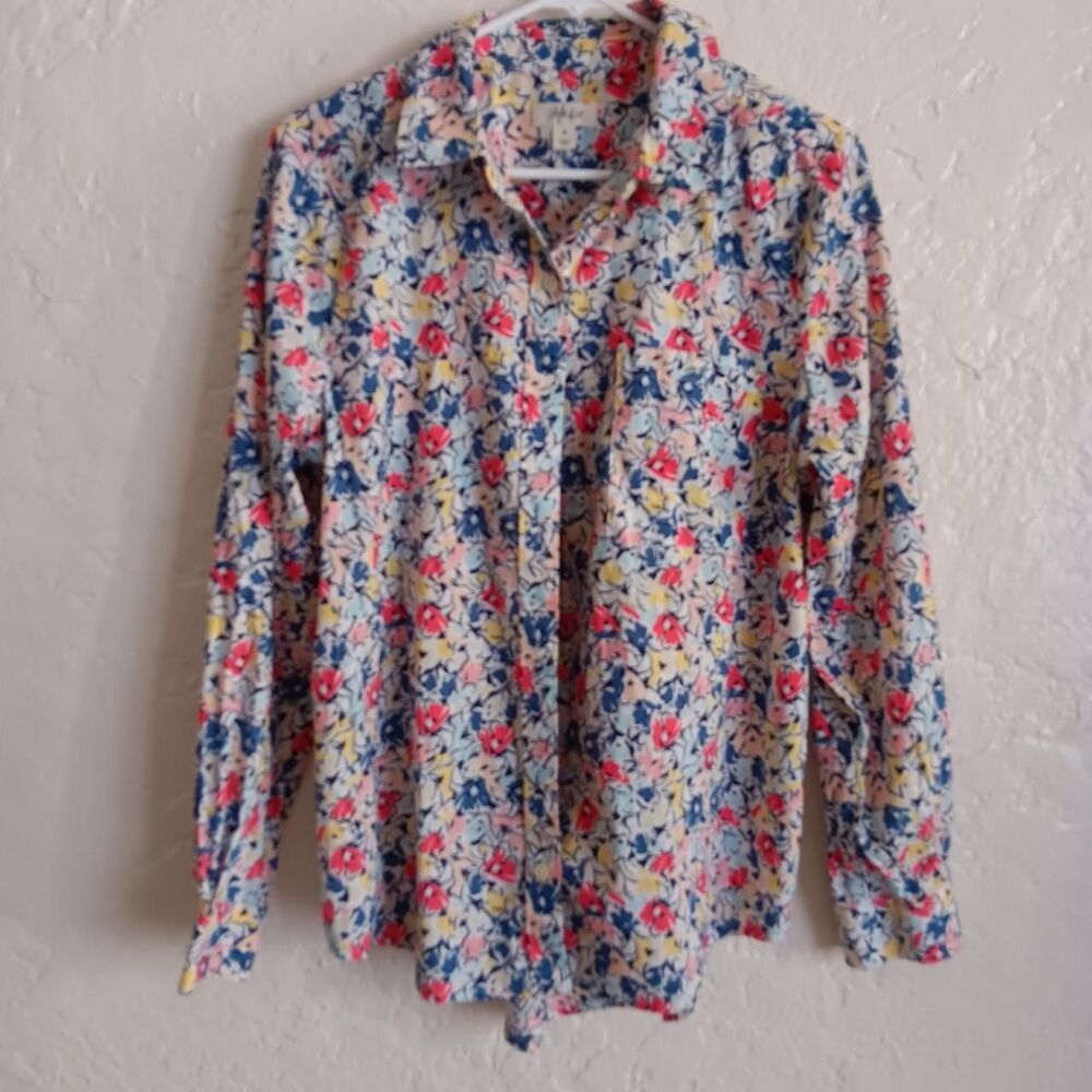 Style & Co button front floral blouse womens sz M collar long sleeve grannycore